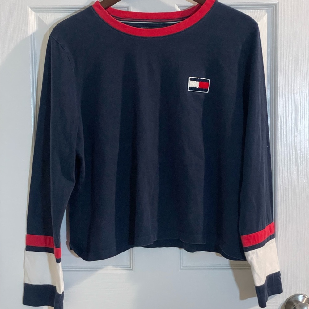 Tommy Hilfiger Navy and Red Long Sleeve Top Size XL Y2K inspired Preppy